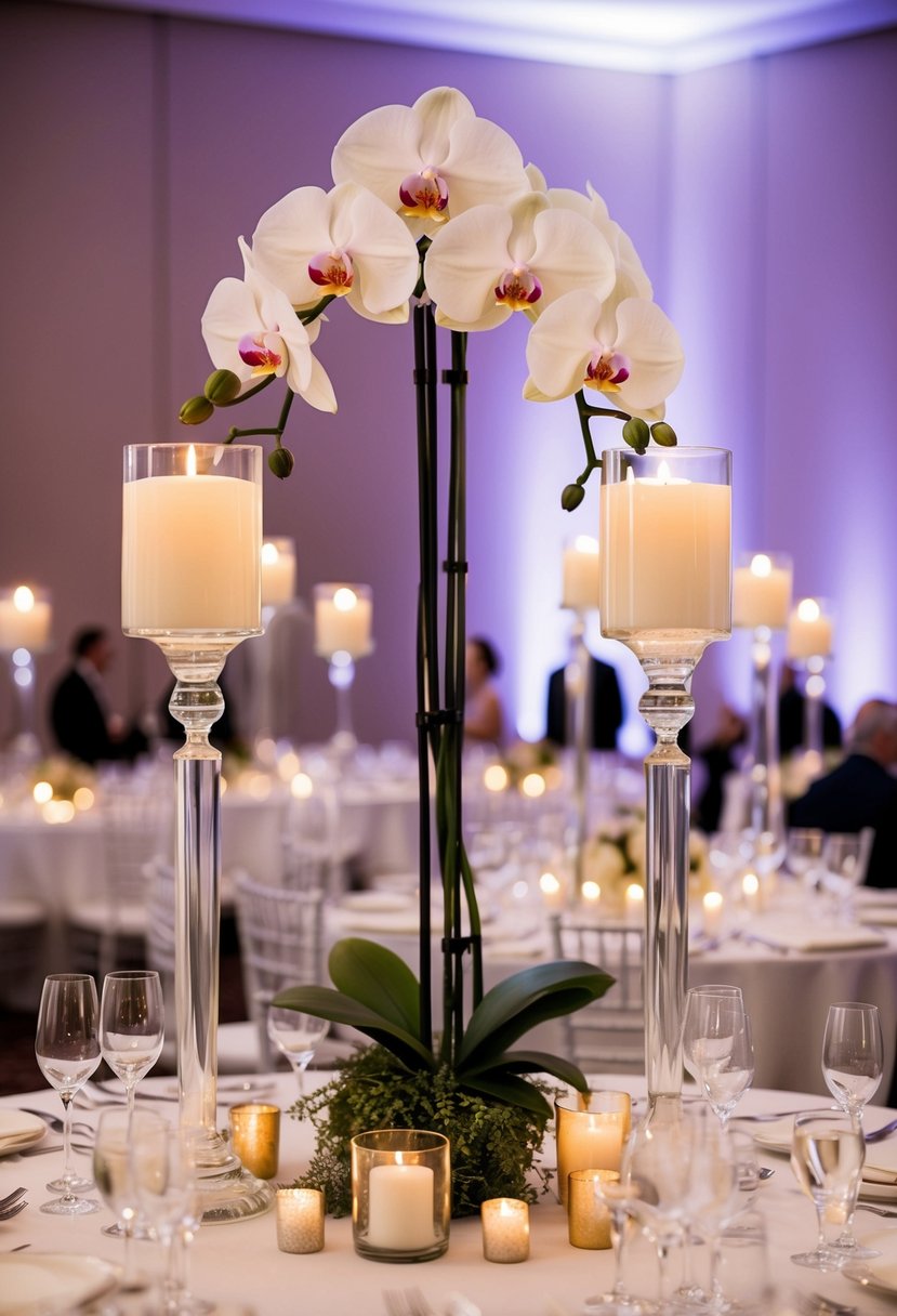 Tall orchid centerpieces surrounded by high candlesticks on a wedding table