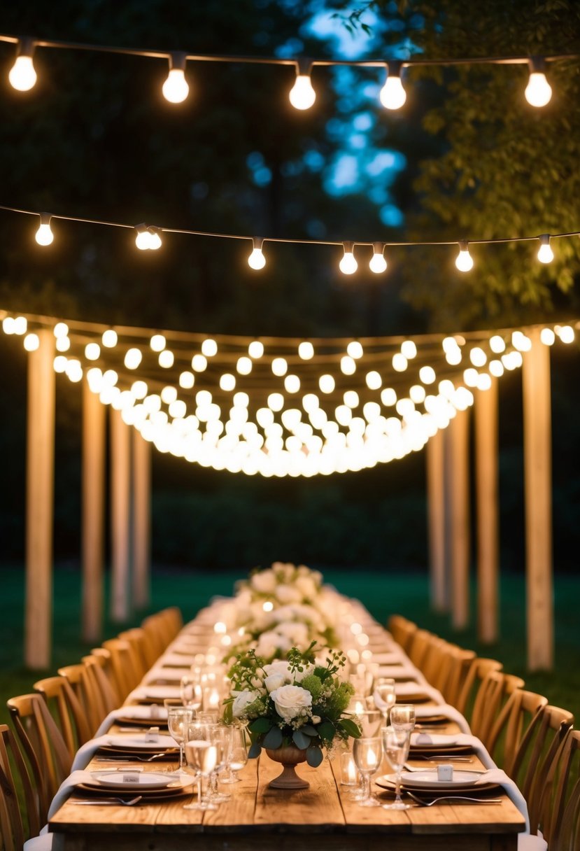 Overhead string lights cast a warm glow over a family-style wedding table