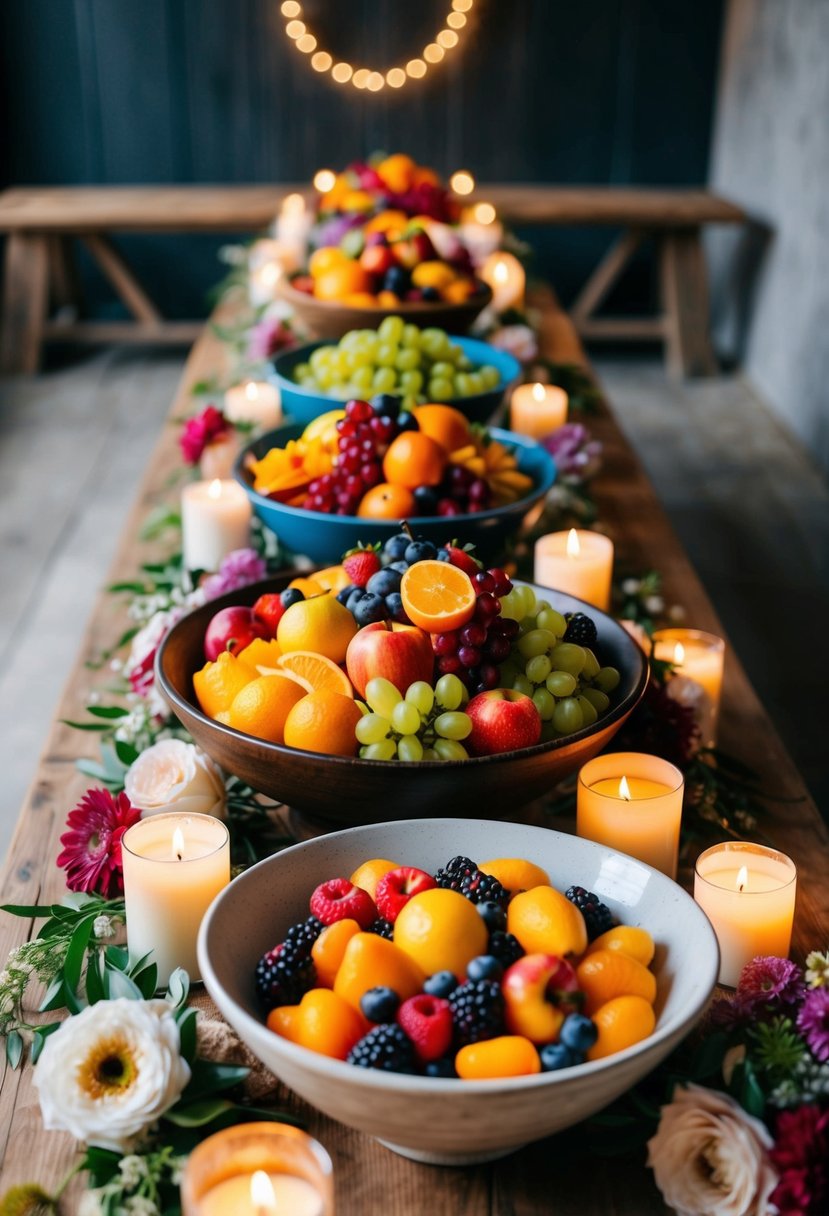 A large wooden table adorned with overflowing bowls of colorful mixed seasonal fruits, surrounded by rustic floral arrangements and flickering candles