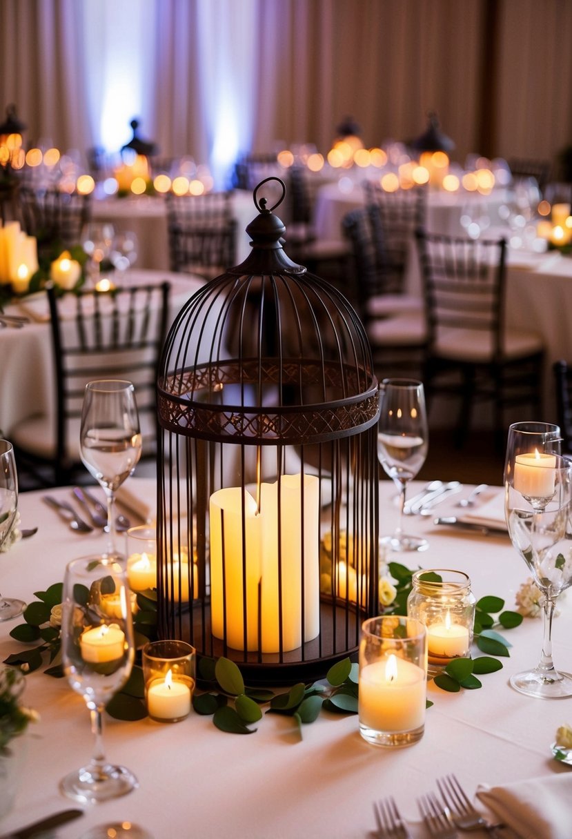 Birdcage candle centerpieces adorn wedding tables, casting a warm glow over the reception