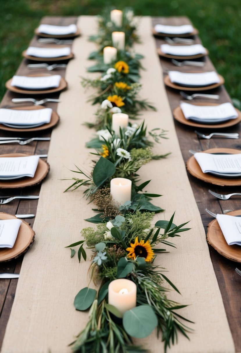 A rustic wooden table set with earthy fabric runners, adorned with natural elements like greenery and wildflowers for a family-style wedding