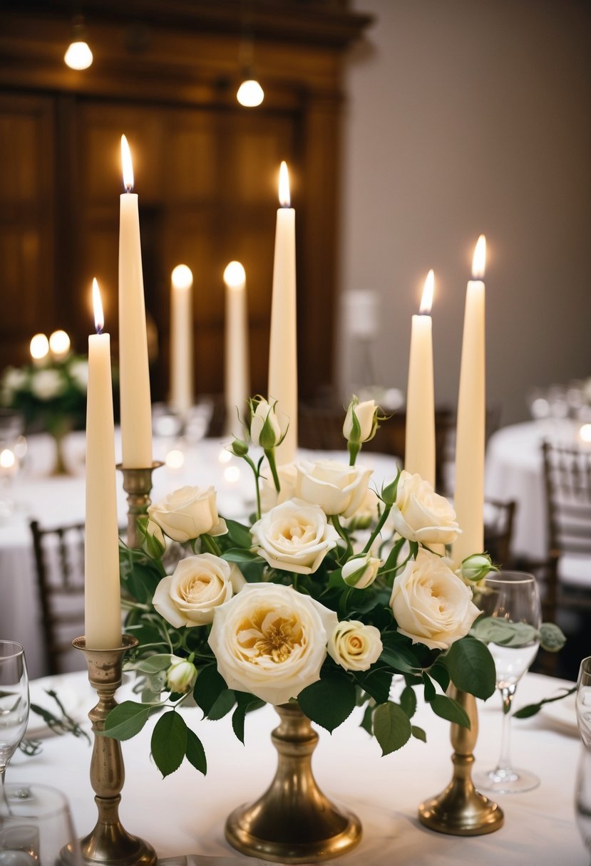 A high wedding table adorned with sweet pea roses and ivory taper candles