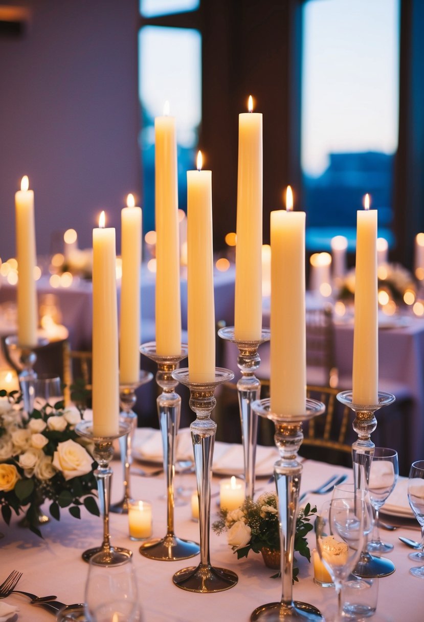 Tall taper candles in glass sleeves stand on a wedding reception table, casting a warm glow and creating an elegant centerpiece