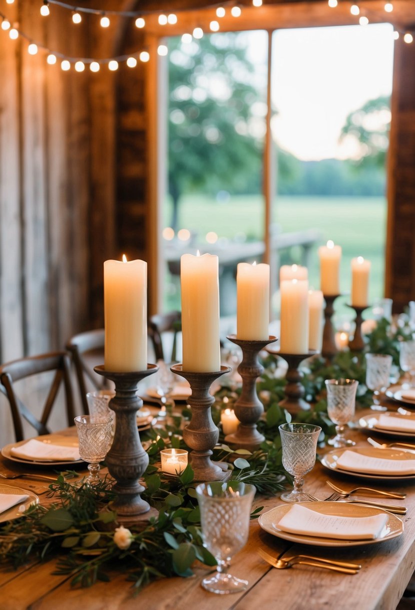 A wooden farm table adorned with antique candle holders, casting a soft glow for a family-style wedding reception