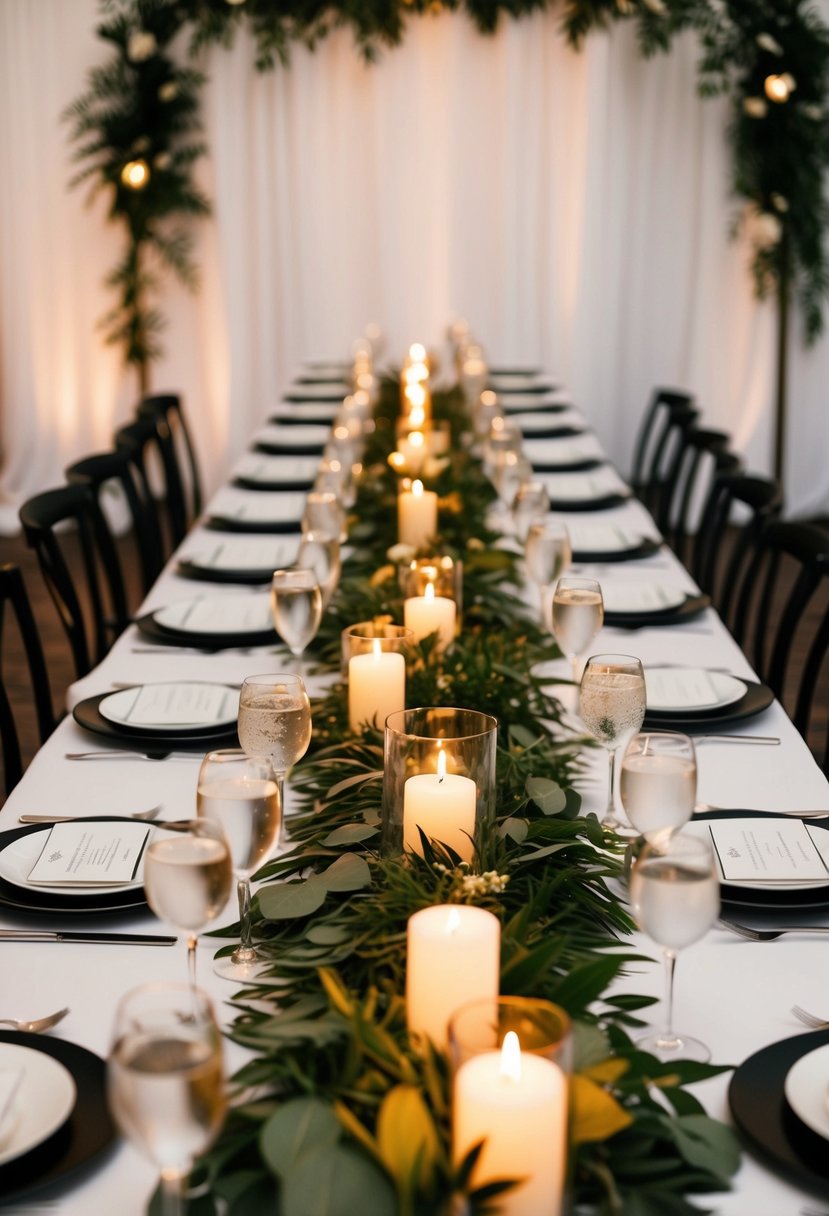 A long table adorned with a candlelit runner and lush greenery for a romantic wedding setting