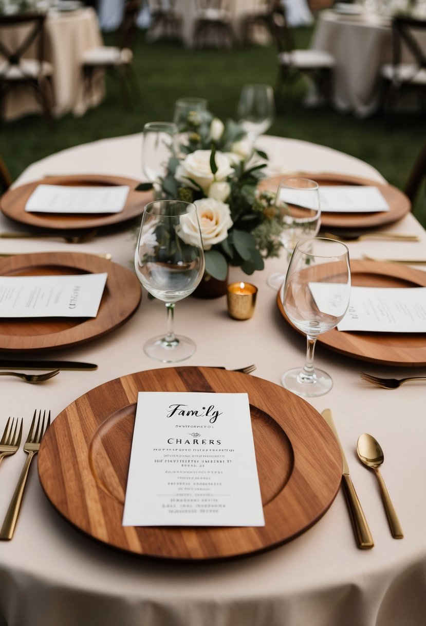 Wooden chargers arranged at each place setting on a family-style wedding table