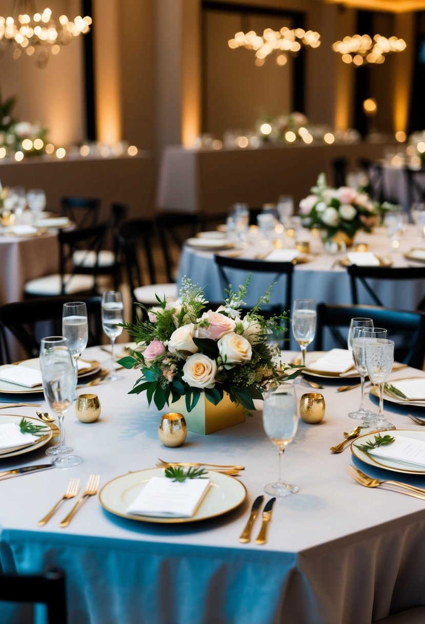 A hexagon-shaped table adorned with elegant floral centerpieces and gold accents for a modern and stylish wedding decoration