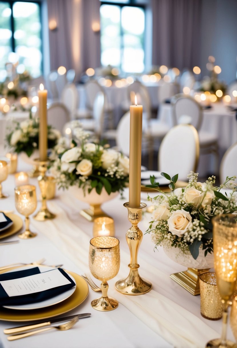 A gold and white themed wedding table, adorned with elegant centerpieces, shimmering candle holders, and delicate floral arrangements