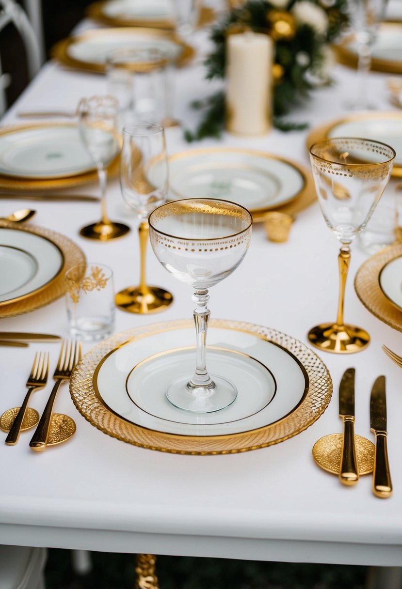 Golden-rimmed glass plates arranged on a white table, adorned with gold accents for a wedding celebration