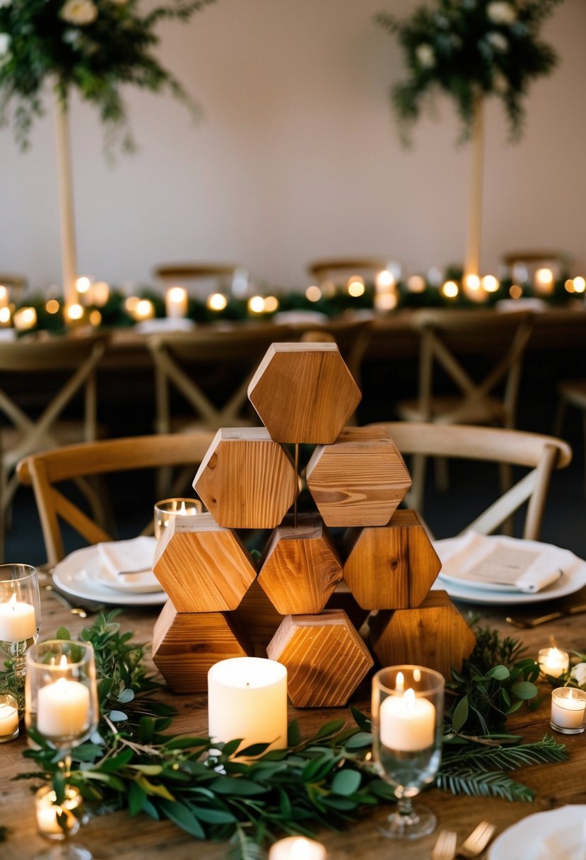 Wooden hexagon centerpieces arranged on a rustic wedding table, surrounded by greenery and candles for a cozy, natural atmosphere