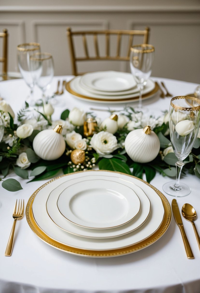 Elegant white porcelain dinnerware with gold accents set on a white table adorned with gold and white wedding decorations