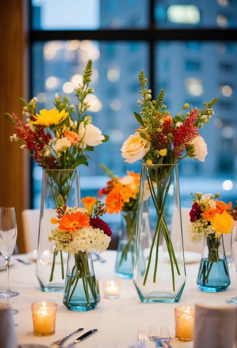 Glass hexagon vases hold seasonal flowers, arranged as wedding table decorations