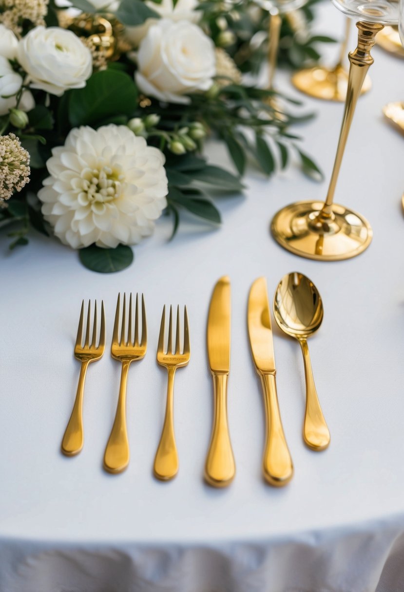 A gold cutlery set arranged on a white tablecloth with gold accents and elegant white floral decorations