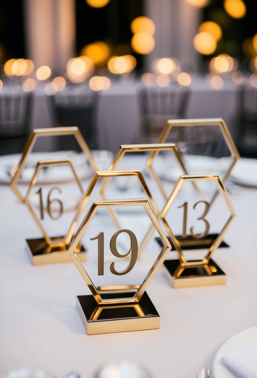 A set of metallic hexagon table numbers arranged on a sleek, modern wedding reception table