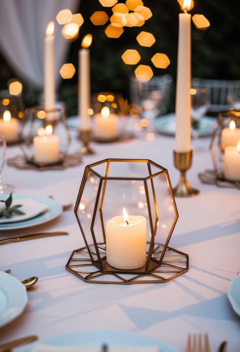 Hexagon candle holders arranged on a wedding table with geometric patterns and soft candlelight