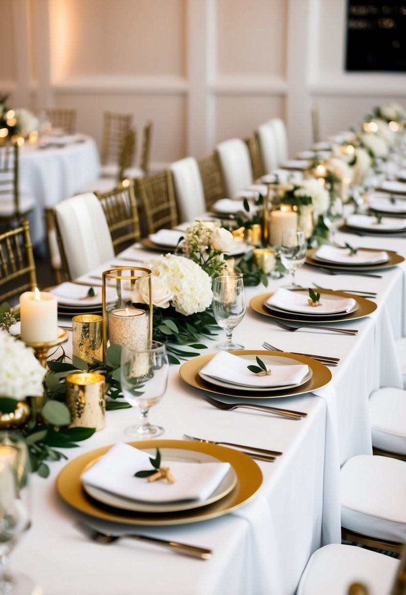 A table set with white linen cloths and gold and white decorations for a wedding