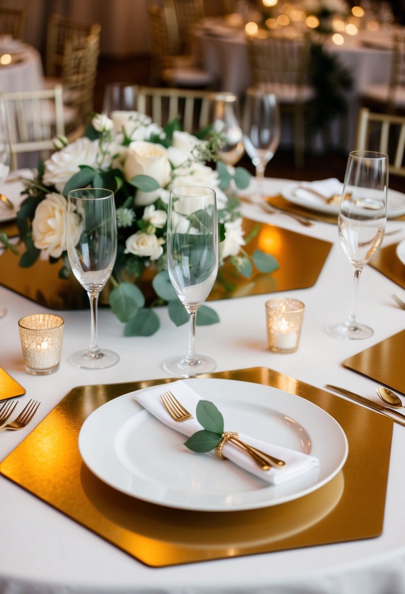 Gold hexagon placemats arranged on a wedding reception table with elegant centerpieces and place settings