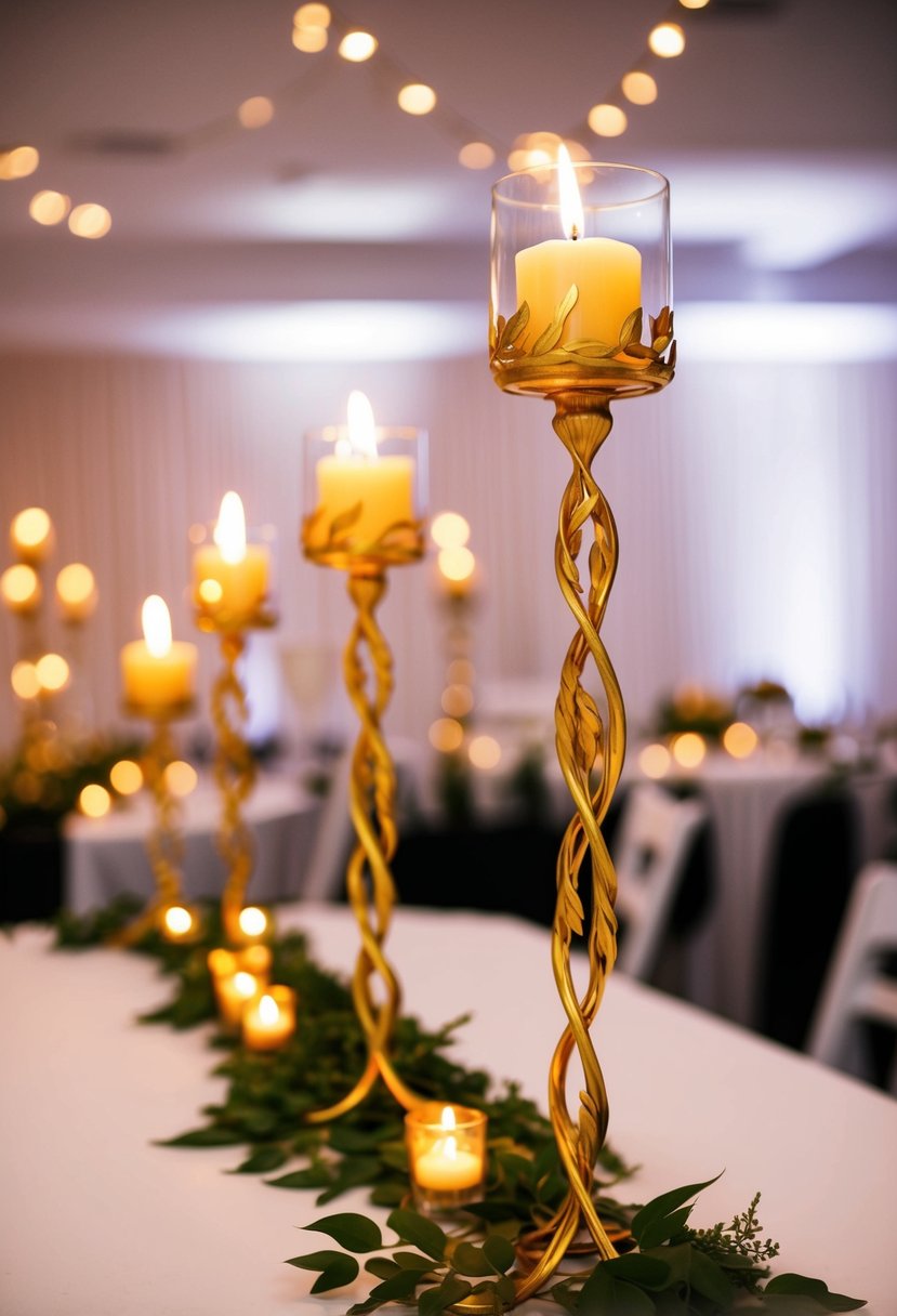 Golden vine candleholders adorn a white wedding table, casting a warm glow