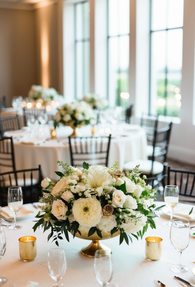 Gold and white floral centerpieces adorn elegant wedding tables