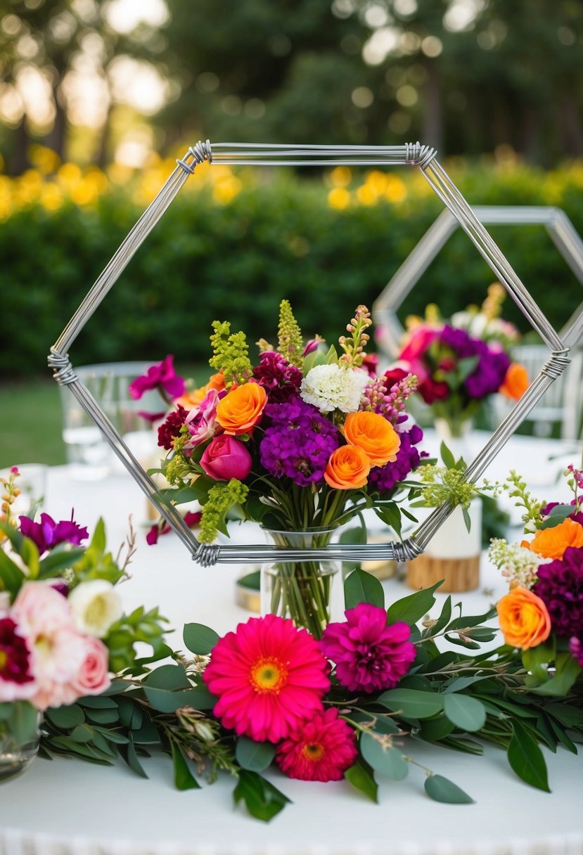 Hexagon wire frames hold vibrant floral arrangements for wedding table decor