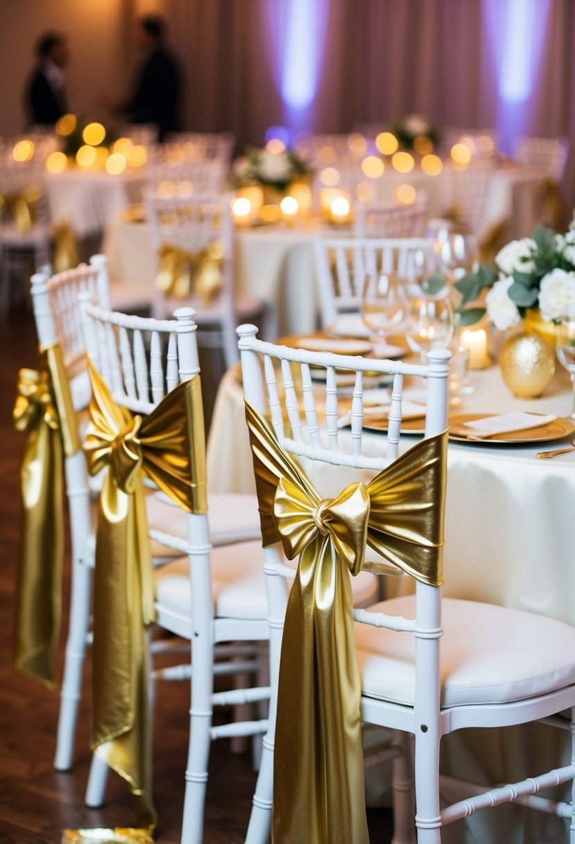 Metallic gold chair sashes draped over white chairs at a wedding reception table adorned with gold and white decorations