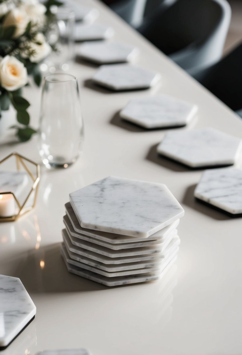 A set of marble hexagon coasters arranged on a sleek, modern wedding table, adding a touch of elegance to the chic decor