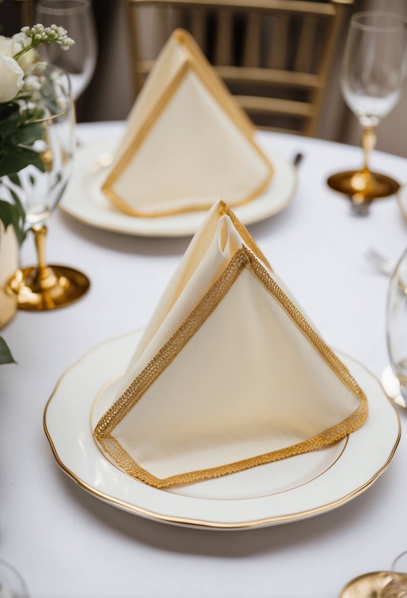 Ivory napkins with gold trim arranged on a white table with gold accents