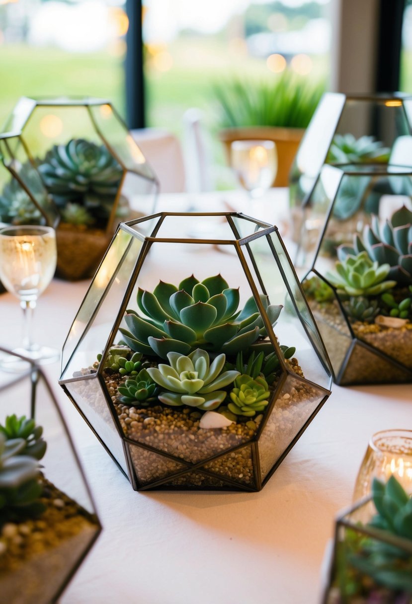 Succulent-filled terrariums arranged in hexagon shapes as wedding table decorations