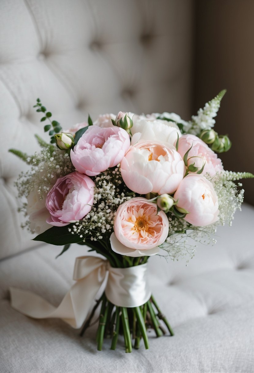 A delicate bouquet of light pink roses, peonies, and baby's breath tied with a satin ribbon