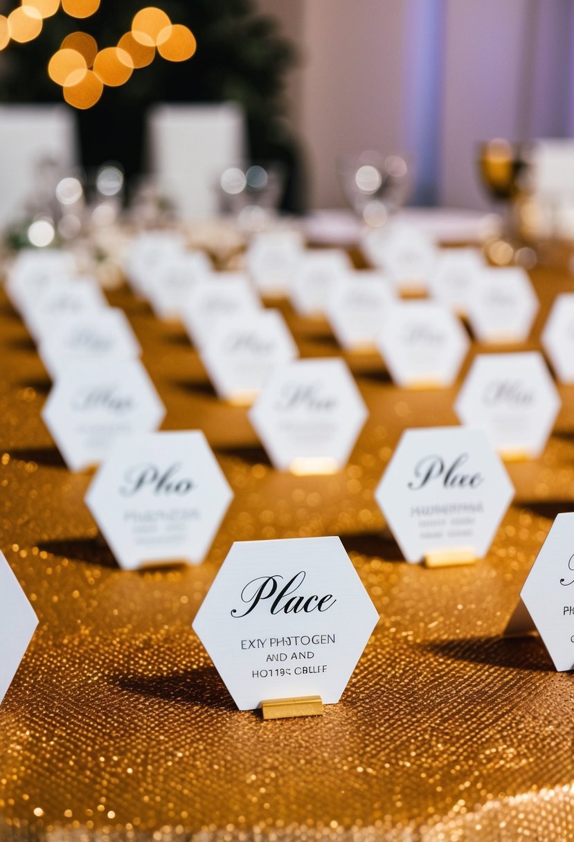 Laser-cut hexagon place cards arranged on a wedding reception table