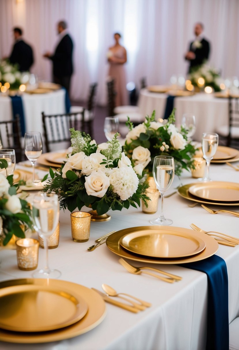 Gold charger plates arranged with white floral centerpieces on a wedding reception table