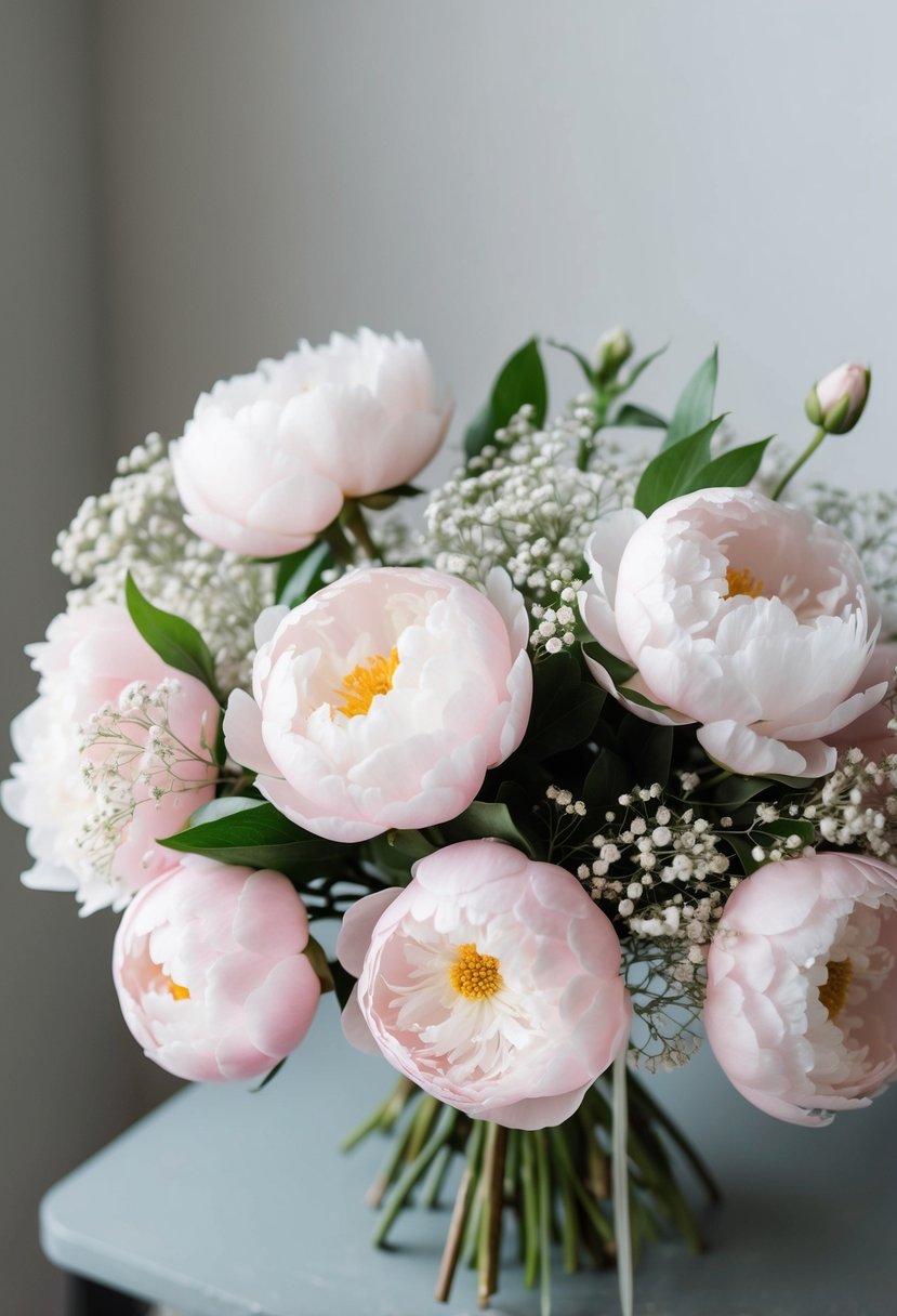 A delicate bouquet of soft peonies and baby's breath, with light pink hues, arranged in a graceful and elegant manner