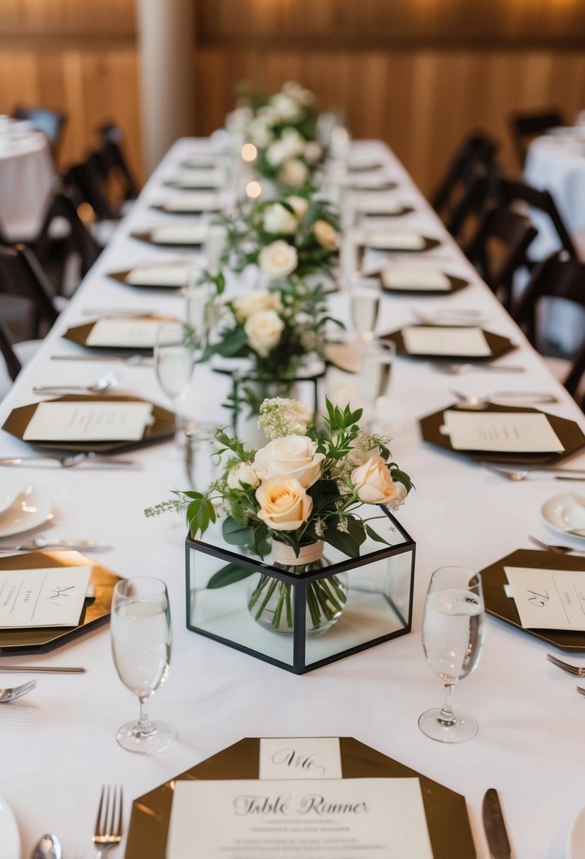 Hexagon-shaped table runners arranged on wedding reception tables