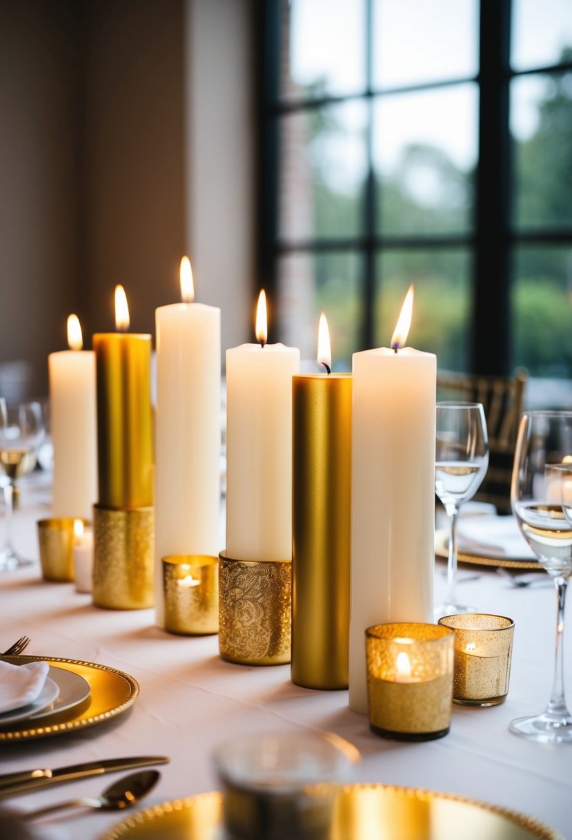 Golden and white pillar candles arranged on a wedding table, creating an elegant and romantic atmosphere