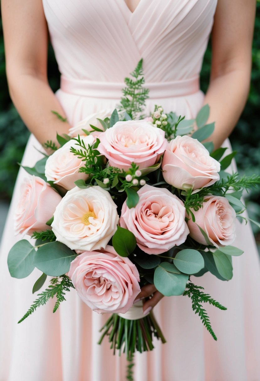 A delicate bouquet of blush roses and greenery arranged in a light pink wedding theme