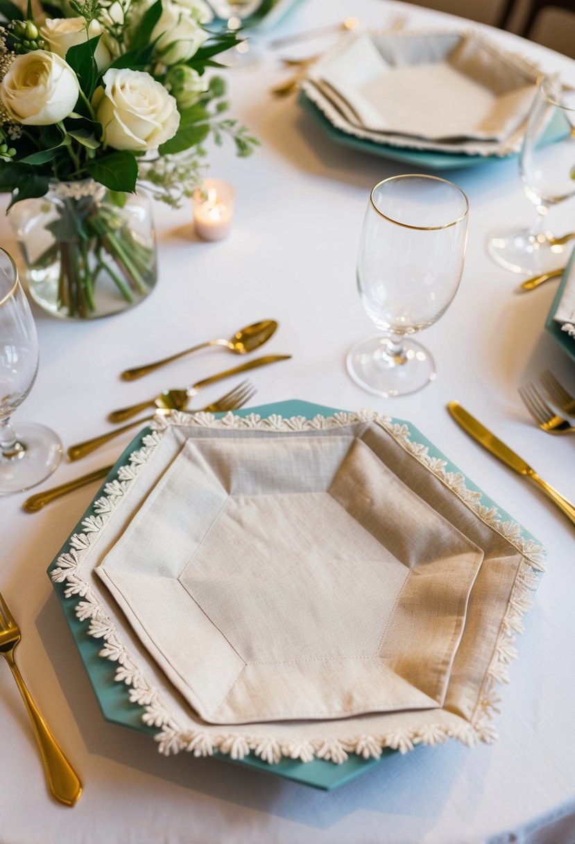 Hexagon table napkins neatly arranged with delicate embroidered edges, creating an elegant and modern wedding table decoration