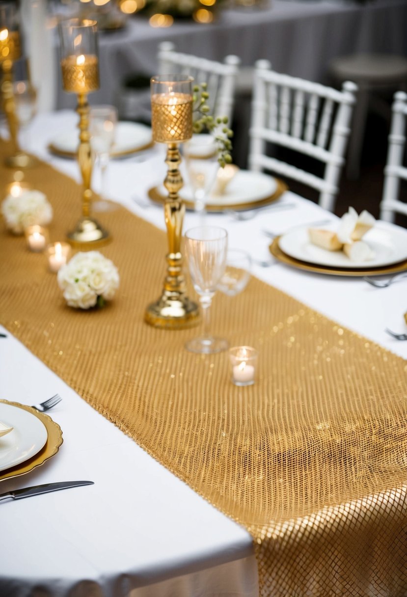 A gold mesh table runner lays across a white wedding table, adorned with golden accents and white decorations