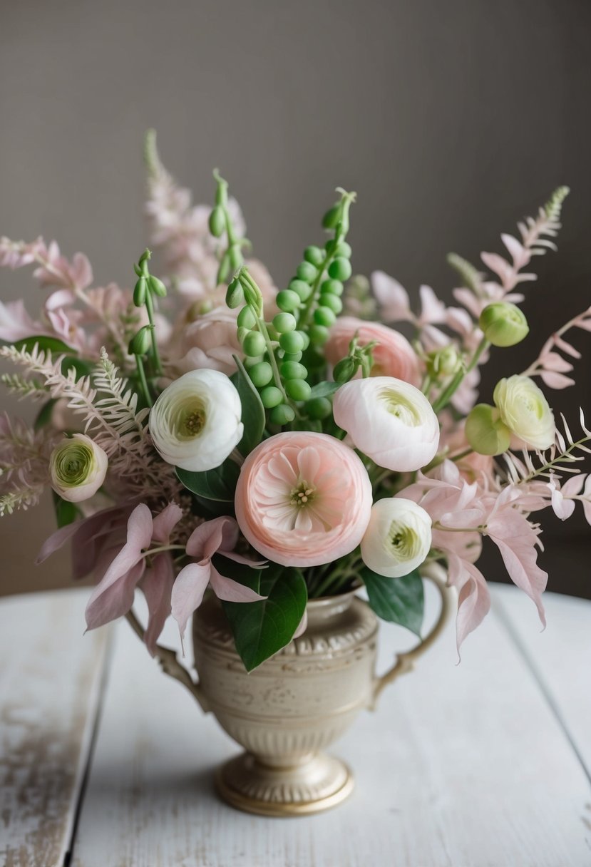 A delicate bouquet of sweet peas and blush ranunculus, accented with light pink foliage, arranged in a vintage-inspired vase