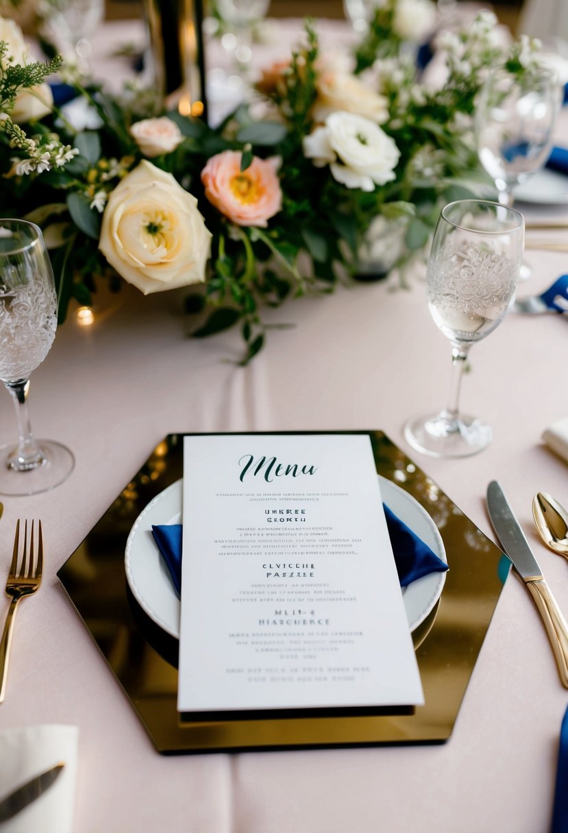 A hexagon-shaped menu sits on a decorated wedding table, surrounded by floral centerpieces and elegant place settings