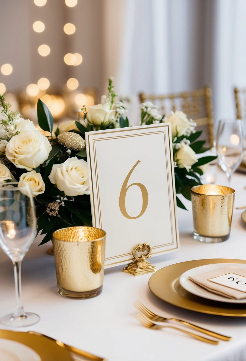 A table adorned with ivory and gold numbers, surrounded by elegant gold and white wedding decorations