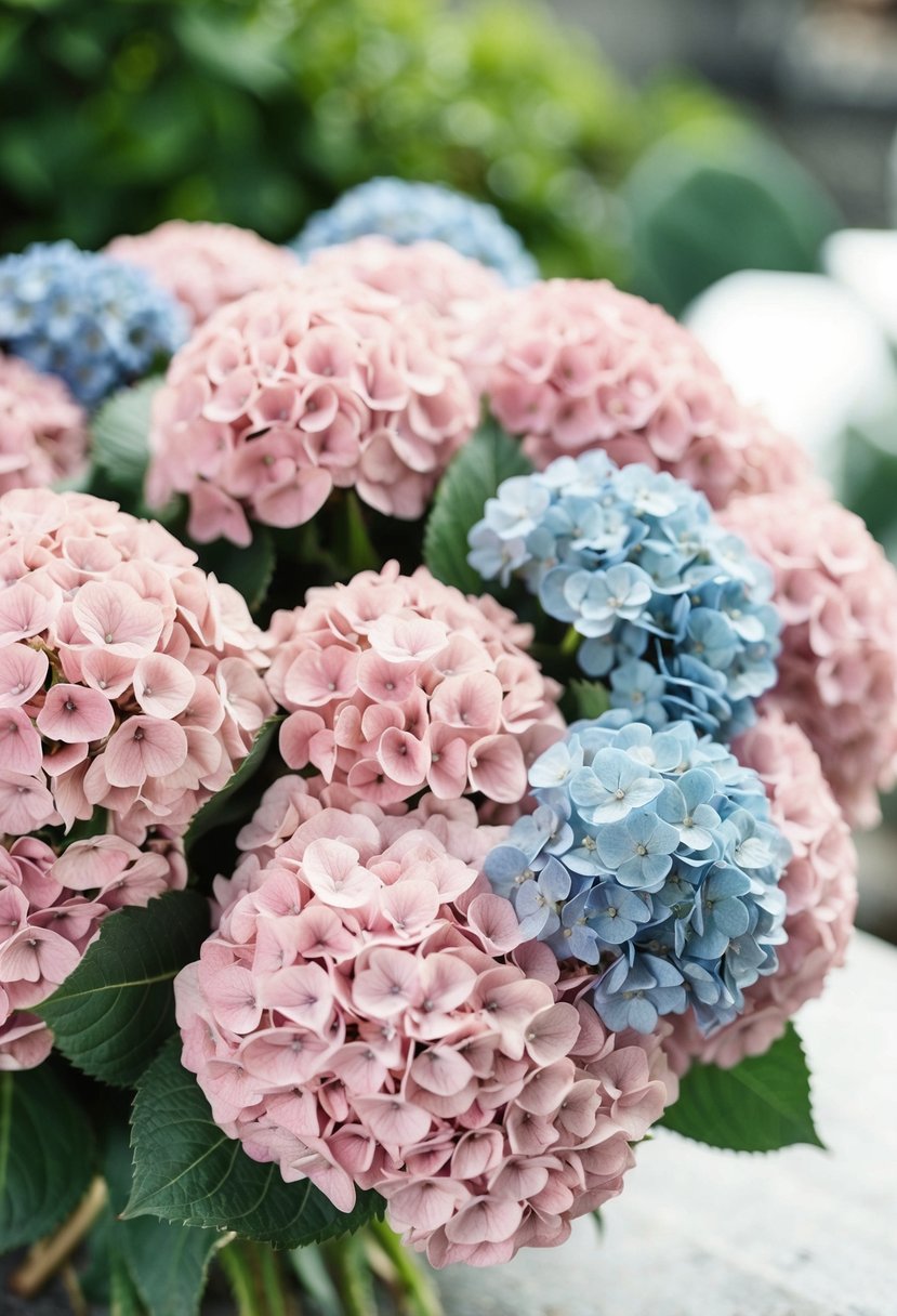 A lush bouquet of hydrangeas in light pink with dusty blue accents