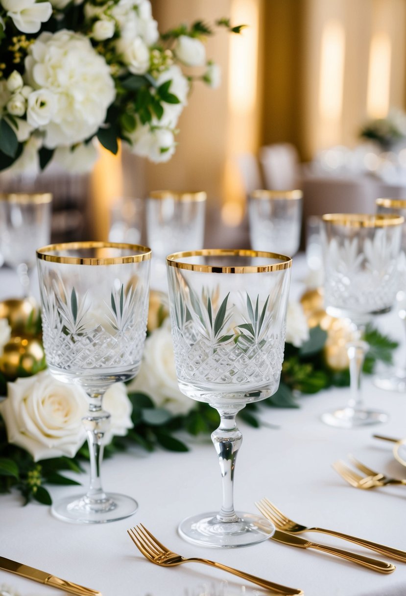 Elegant crystal glassware with gold rims on a white table adorned with gold and white wedding decorations