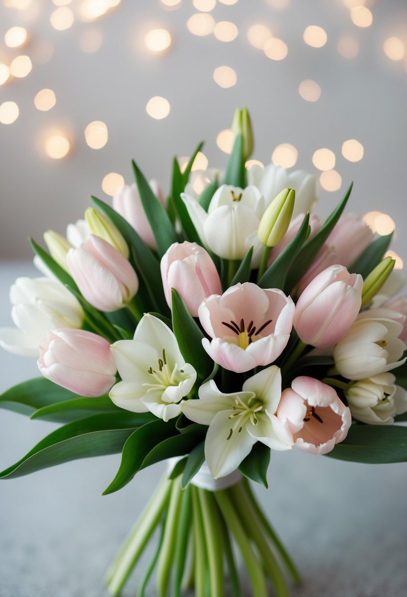 A delicate wedding bouquet of pale pink tulips and white lilies, arranged in a soft, romantic style