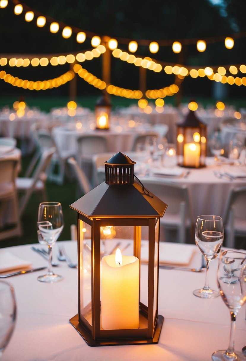 Hexagon lanterns adorned with twinkling fairy lights illuminate a wedding table, creating a romantic and enchanting atmosphere