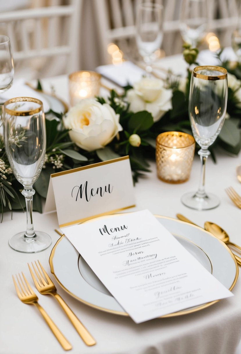 A table set with gold-edged menu cards and elegant white and gold decorations for a wedding