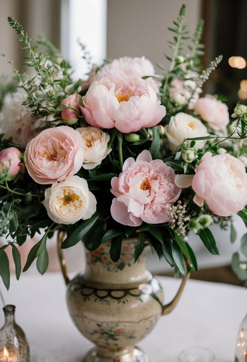 A lush bouquet of blush peonies and garden roses, accented with delicate greenery, sits in a vintage-inspired vase