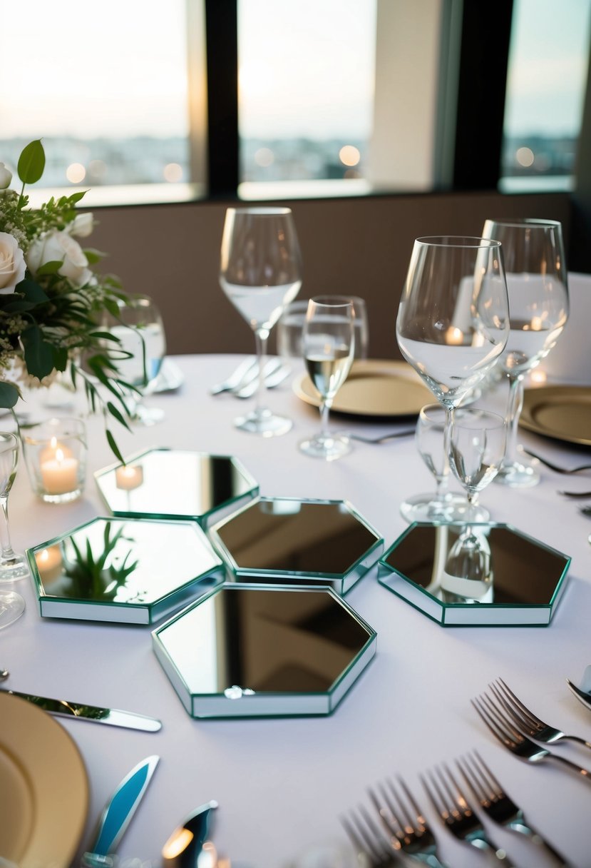 A set of hexagon mirrored coasters arranged on a modern wedding table, reflecting the elegant decor and adding a touch of contemporary sophistication