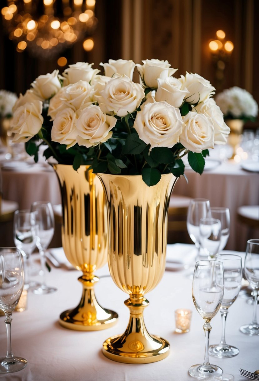 Opulent golden vases hold white roses on a lavish wedding table