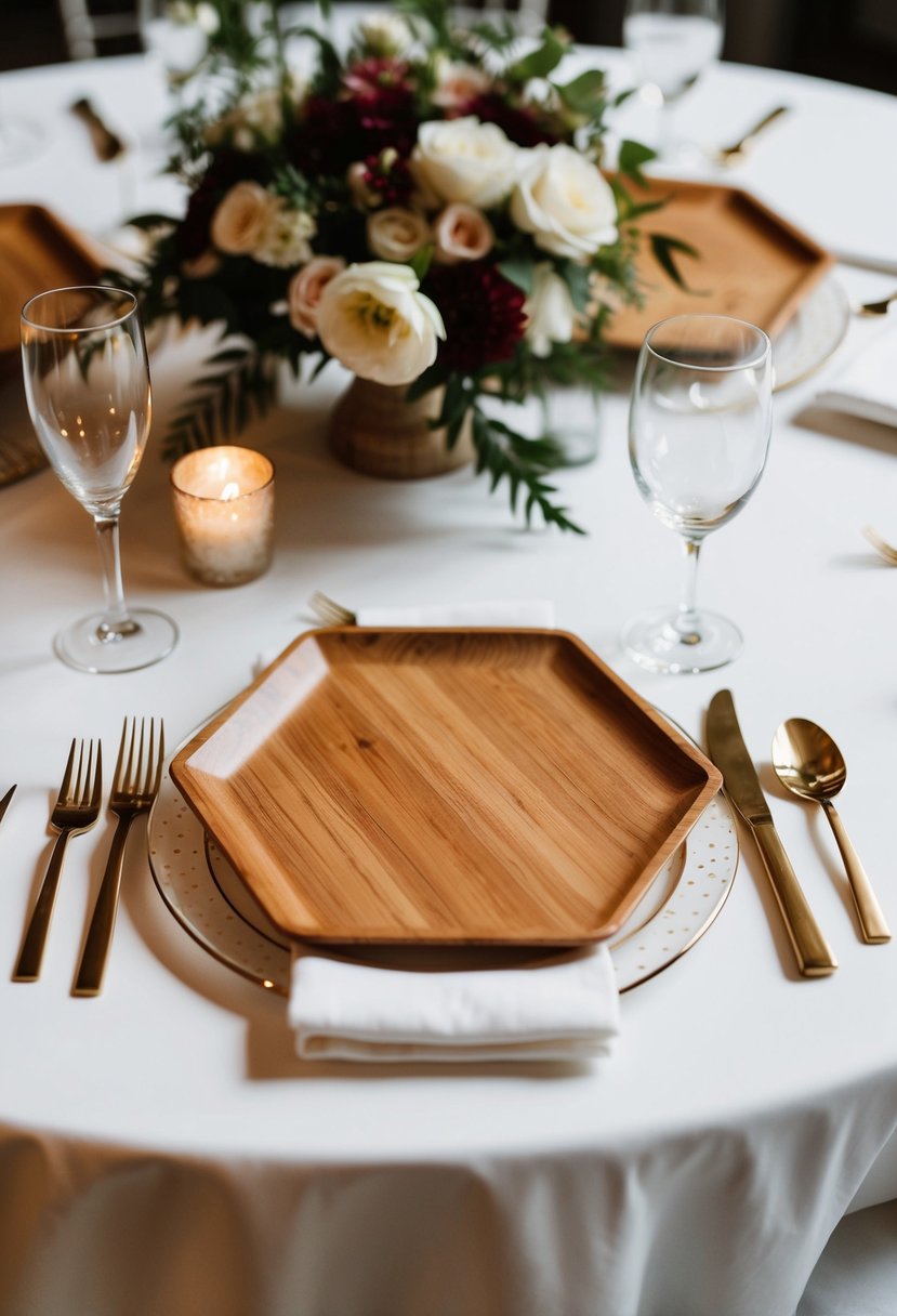 Wooden hexagon charger plates arranged on a wedding table with floral centerpieces and elegant place settings