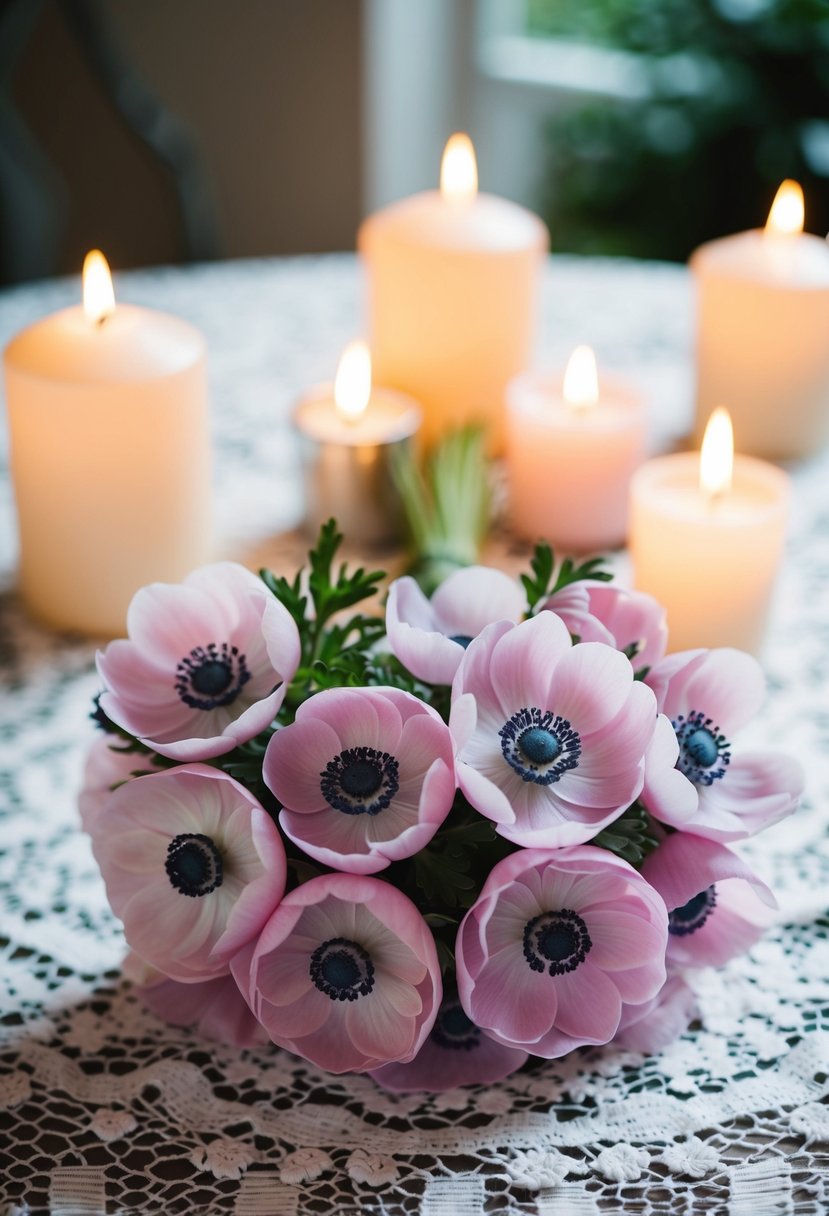 A delicate pink anemone bouquet sits on a white lace tablecloth, surrounded by soft candlelight